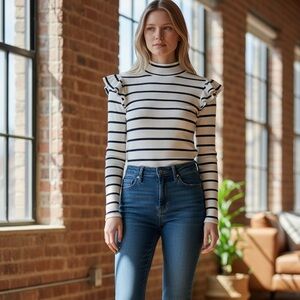 Anthropologie T.la Shirt Women’s White Navy Stripe Mock Neck Ruffle Sleeve Top